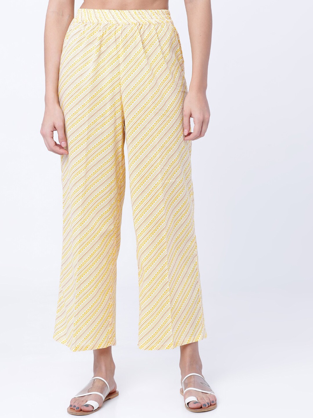

Vishudh Women Yellow Striped Straight Palazzos