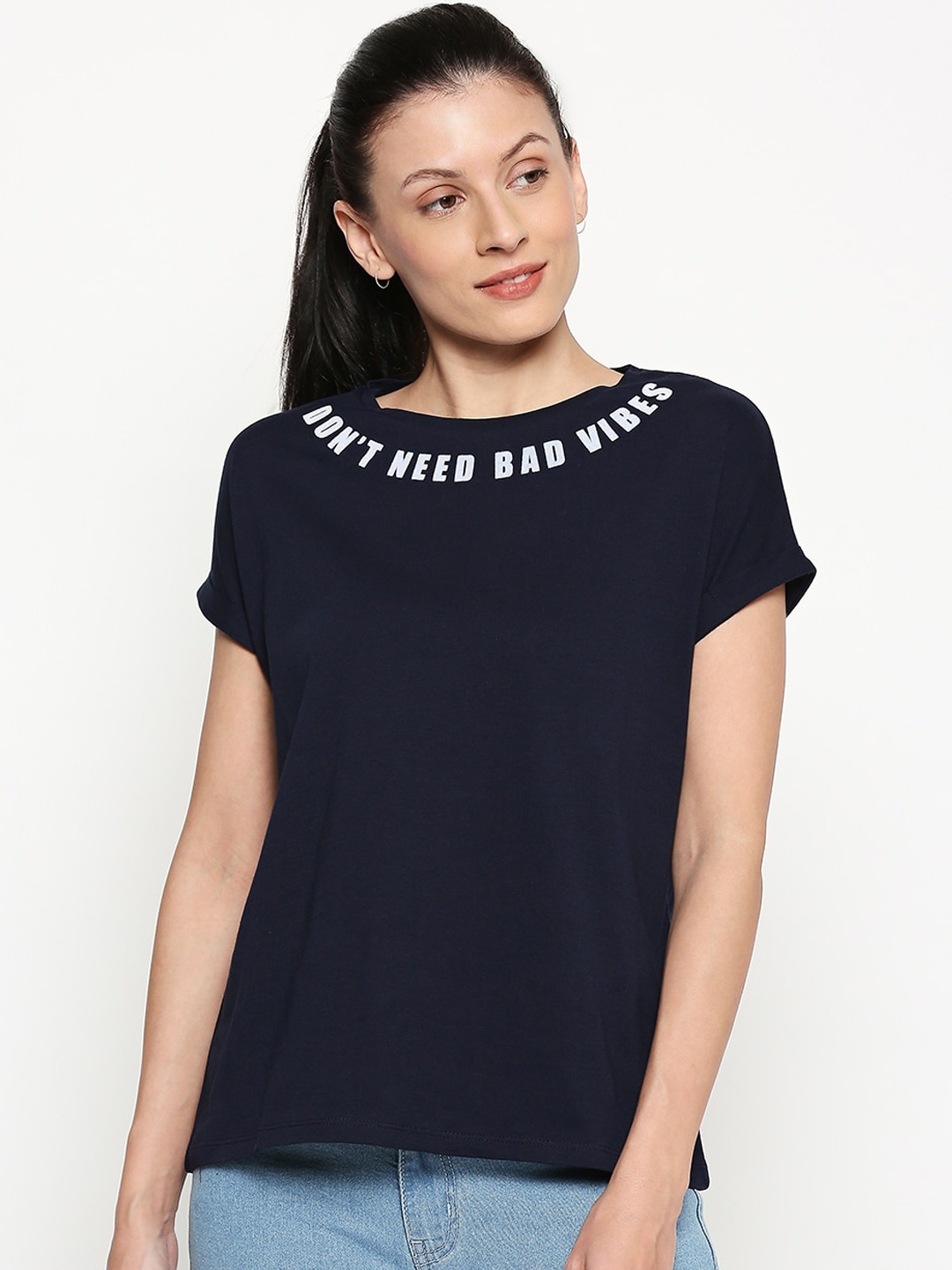 People Women Navy Blue Printed Round Neck T-shirt