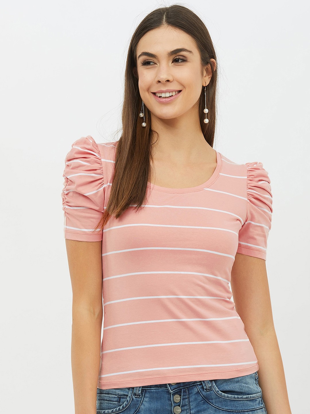 

Harpa Women Pink Striped Round Neck T-shirt