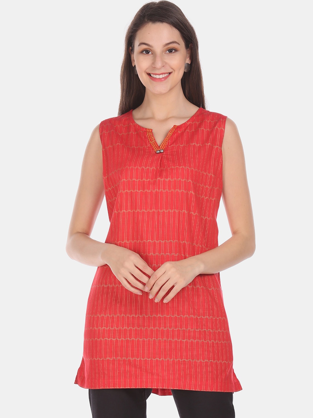 

Karigari Women Red Woven Design A-Line Kurta