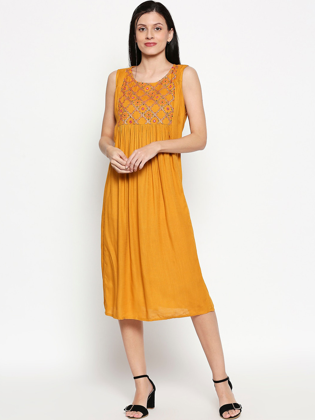 

People Women Mustard Yellow Embroidered A-Line Dress