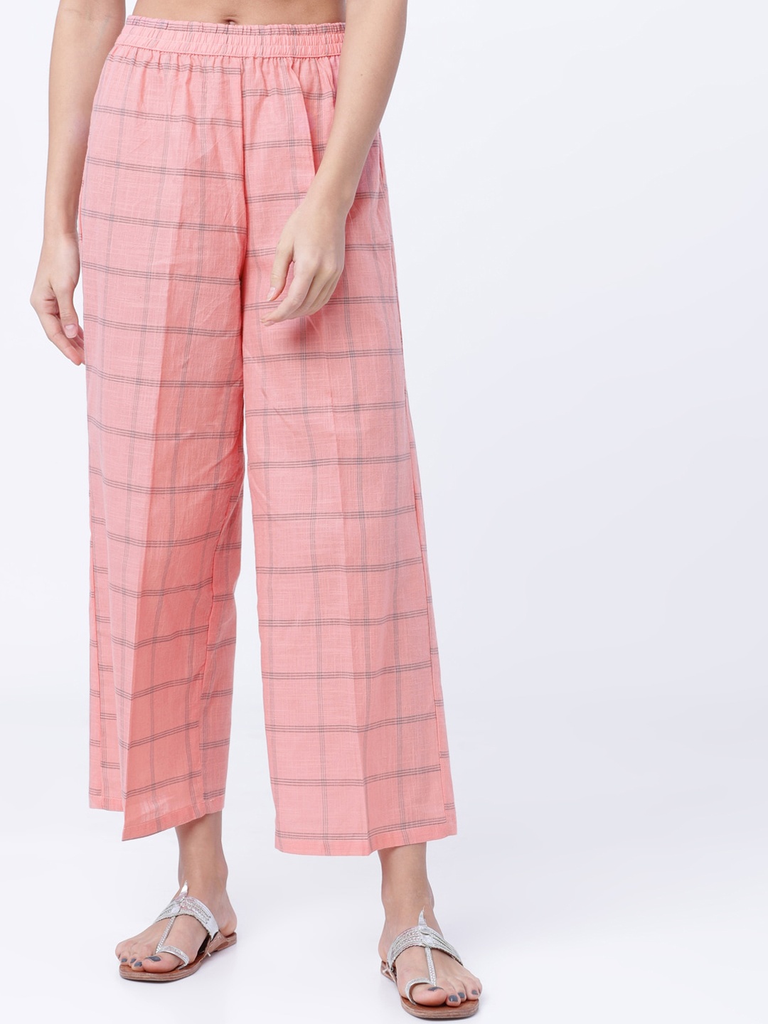 

Vishudh Women Pink & Black Checked Straight Palazzos