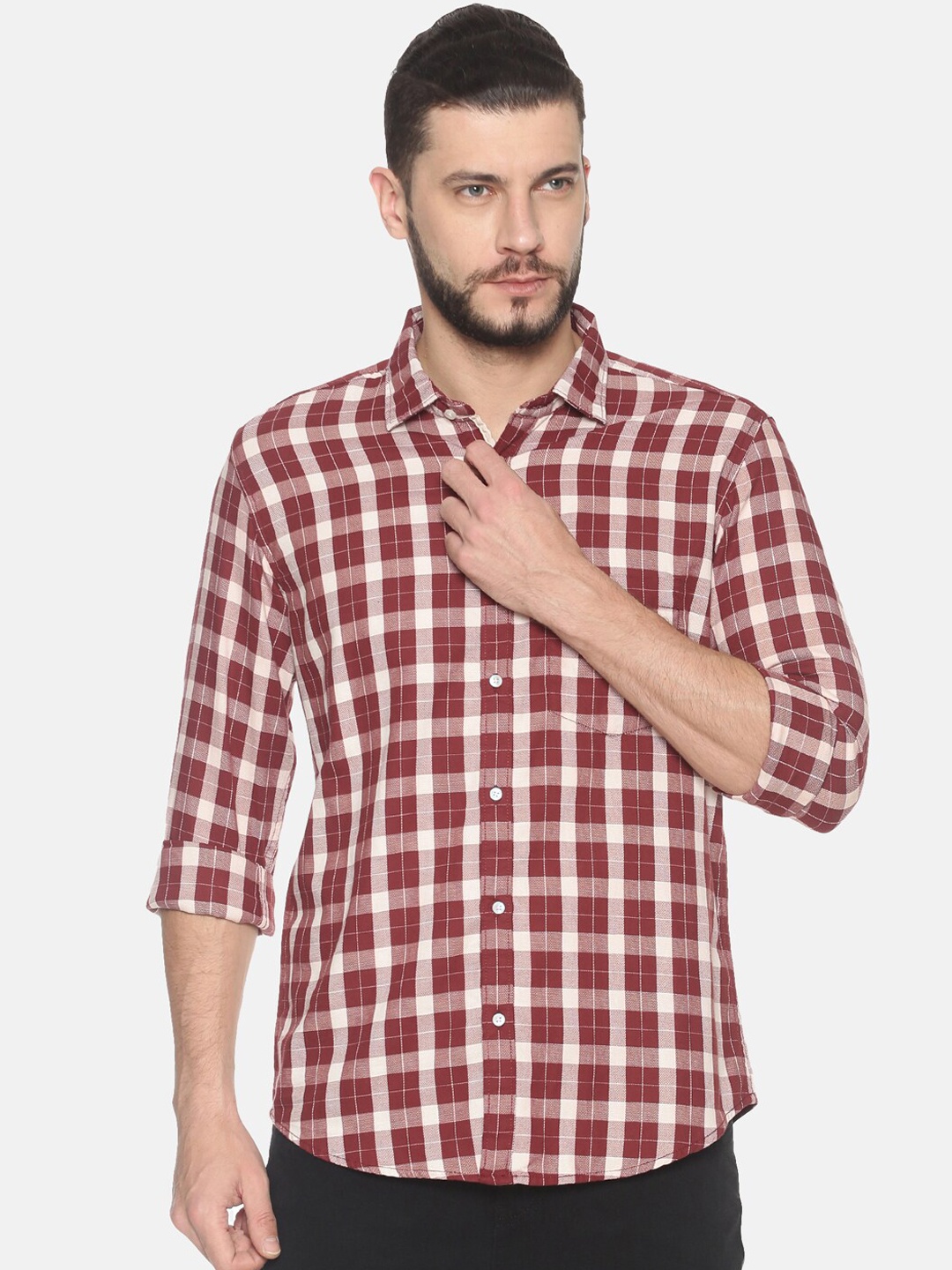 

IVOC Men Peach-Coloured & Maroon Slim Fit Checked Cotton Casual Shirt