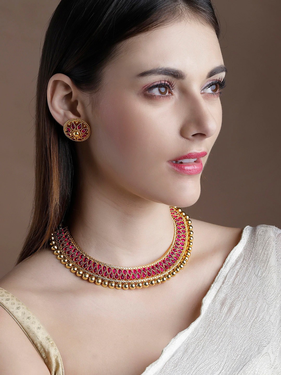 

Rubans Gold-Toned & Red Faux Ruby Studded Handcrafted Jewellery Set