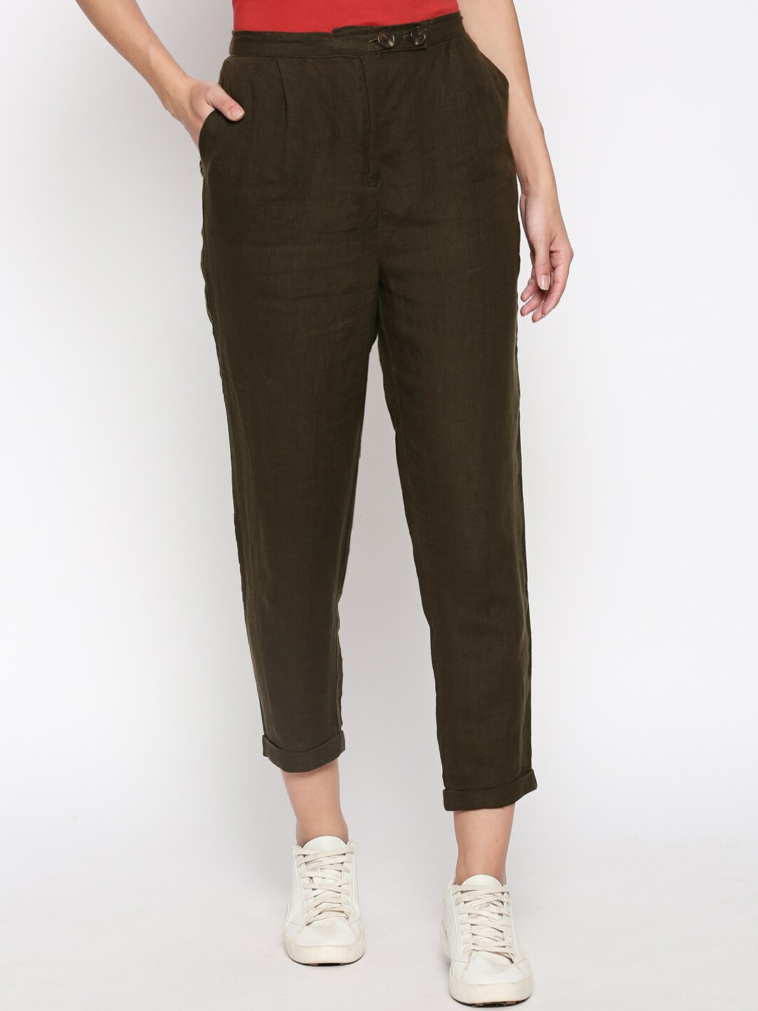 

People Women Green Tapered Fit Solid Linen Regular Trousers