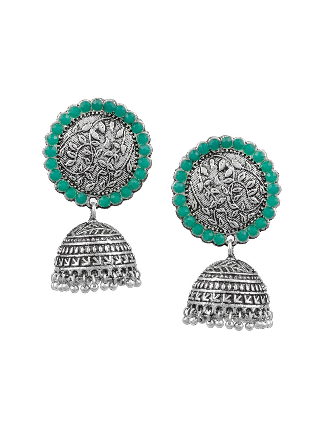 

Silvermerc Designs Silver-Toned & Green Contemporary Jhumkas