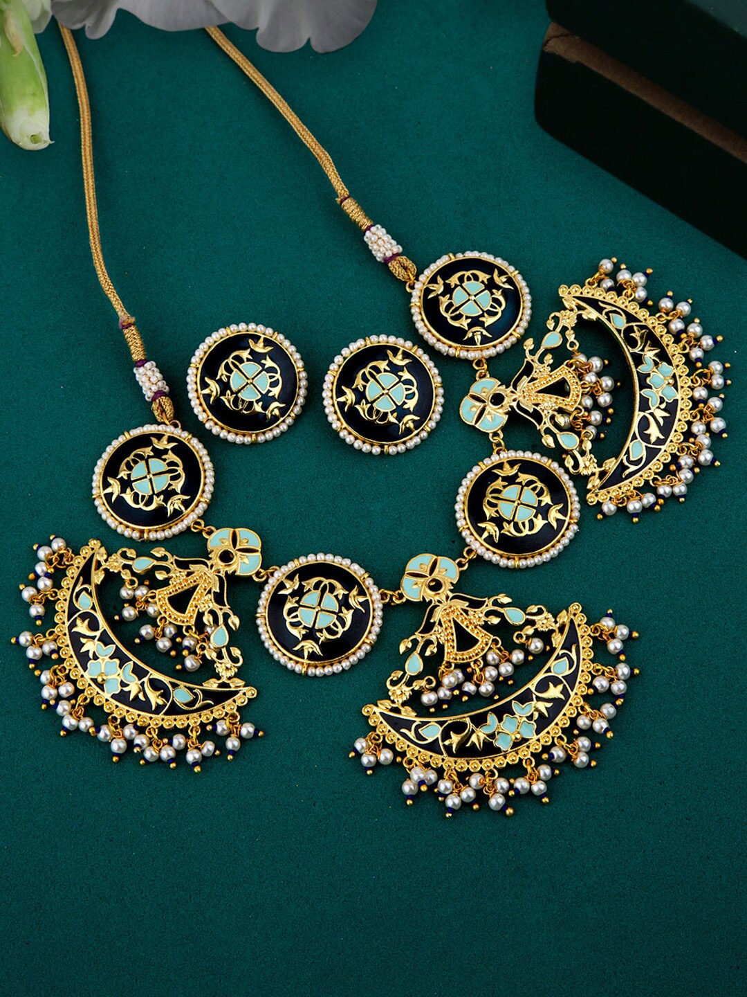 

Voylla Gold Plated Blue & White Faux Pearl Embellished Enamelled Jewellery Set