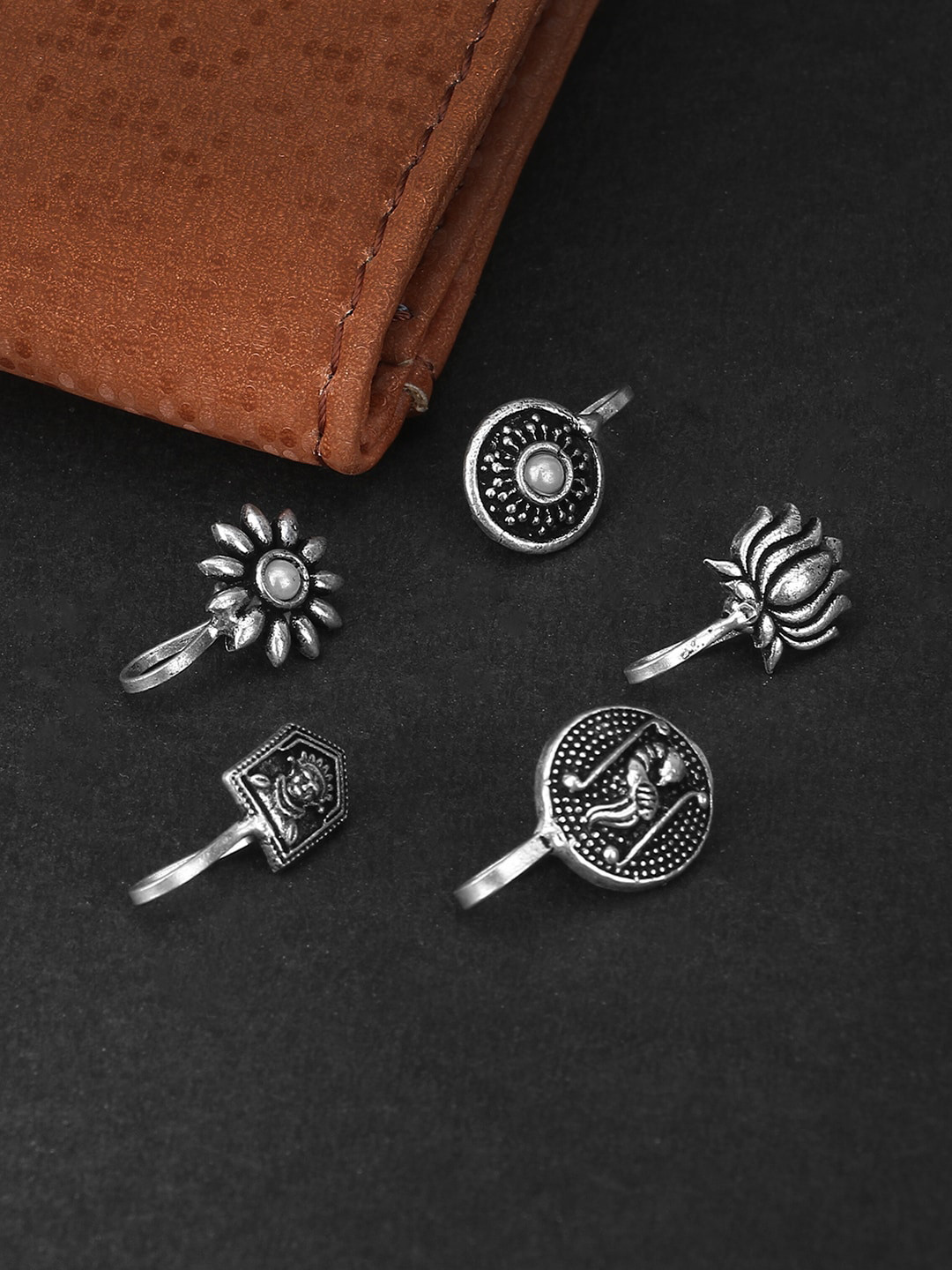 

Adwitiya Collection Set of 5 Oxidised Silver-Plated Clip-On Nosepins