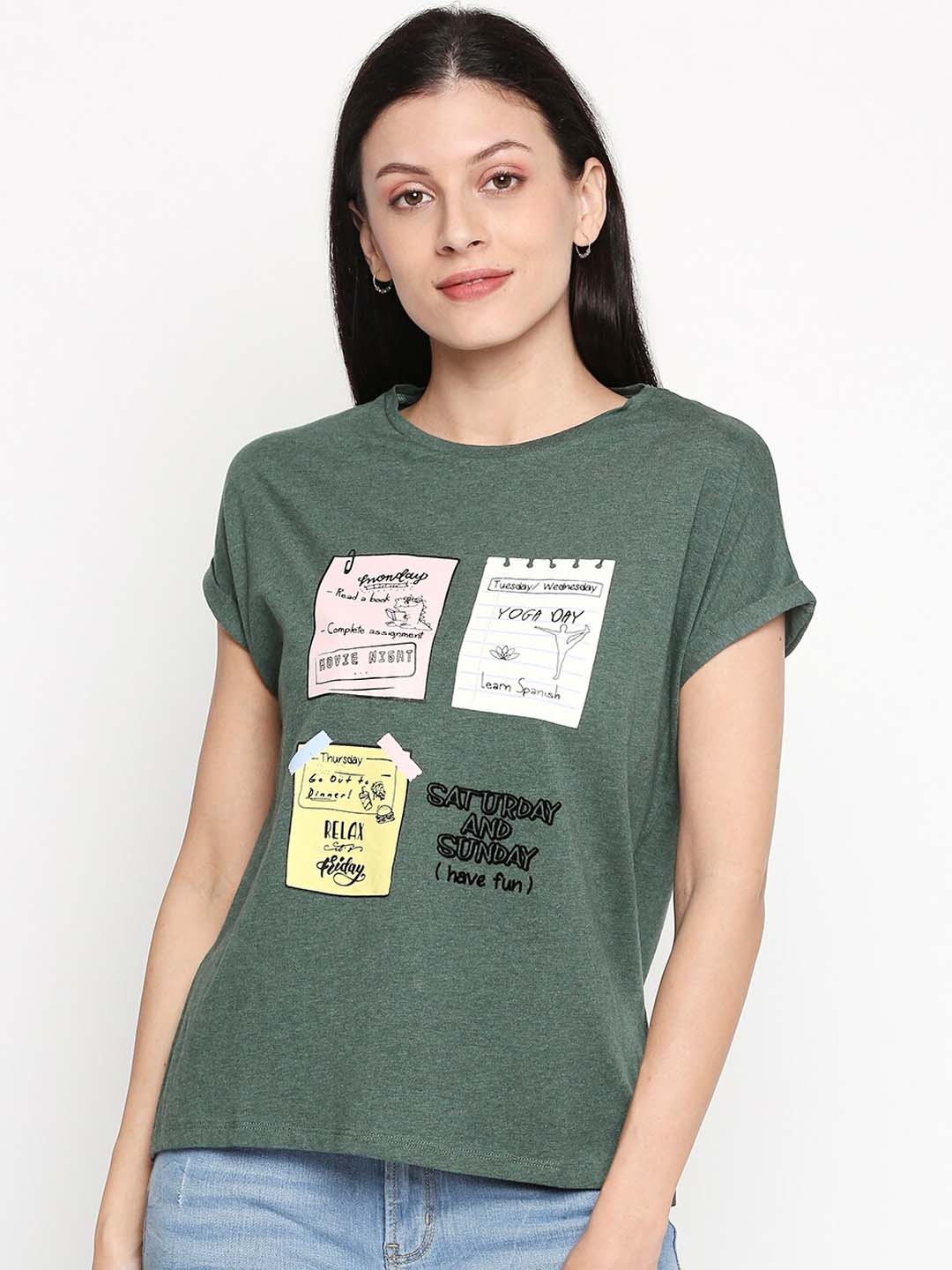 

People Women Olive Green Printed Round Neck Pure Cotton T-shirt