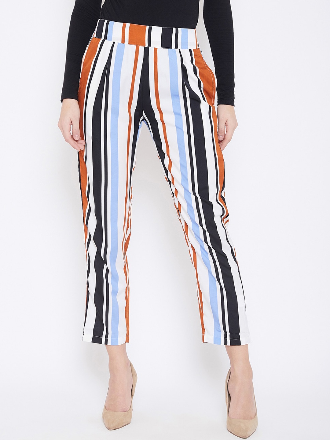 U&F Women White & Brown Tapered Fit Striped Regular Trousers