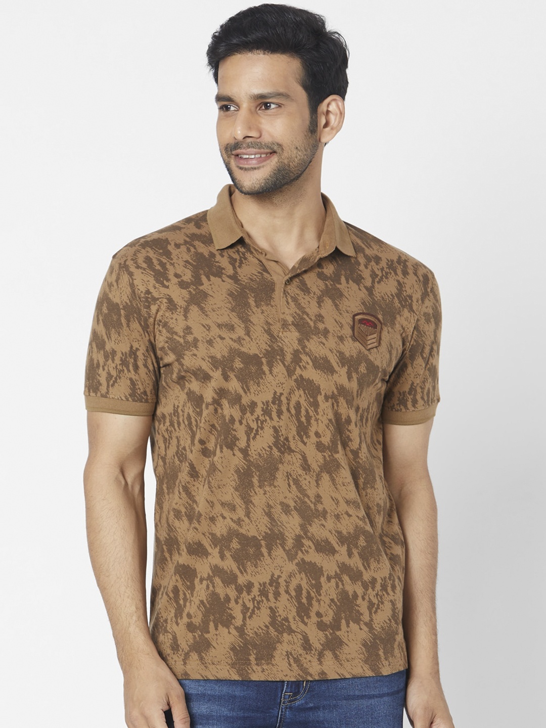 

Mufti Men Khaki Printed Polo Collar Pure Cotton T-shirt