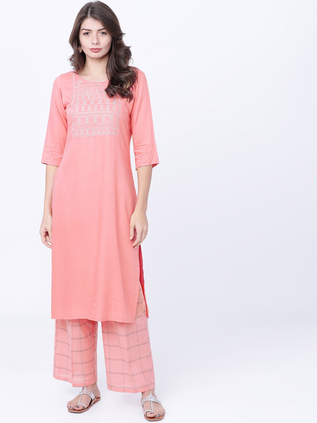

Vishudh Women Coral Pink Yoke Design Straight Kurta