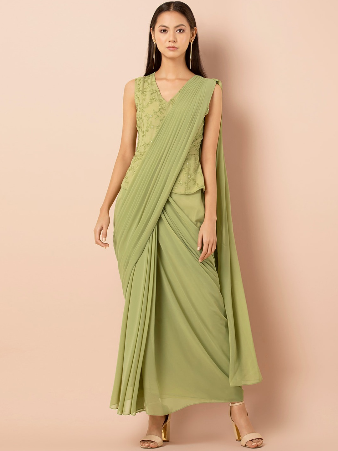 

INDYA Green Polyester Embroidered Peplum Sari Tunic