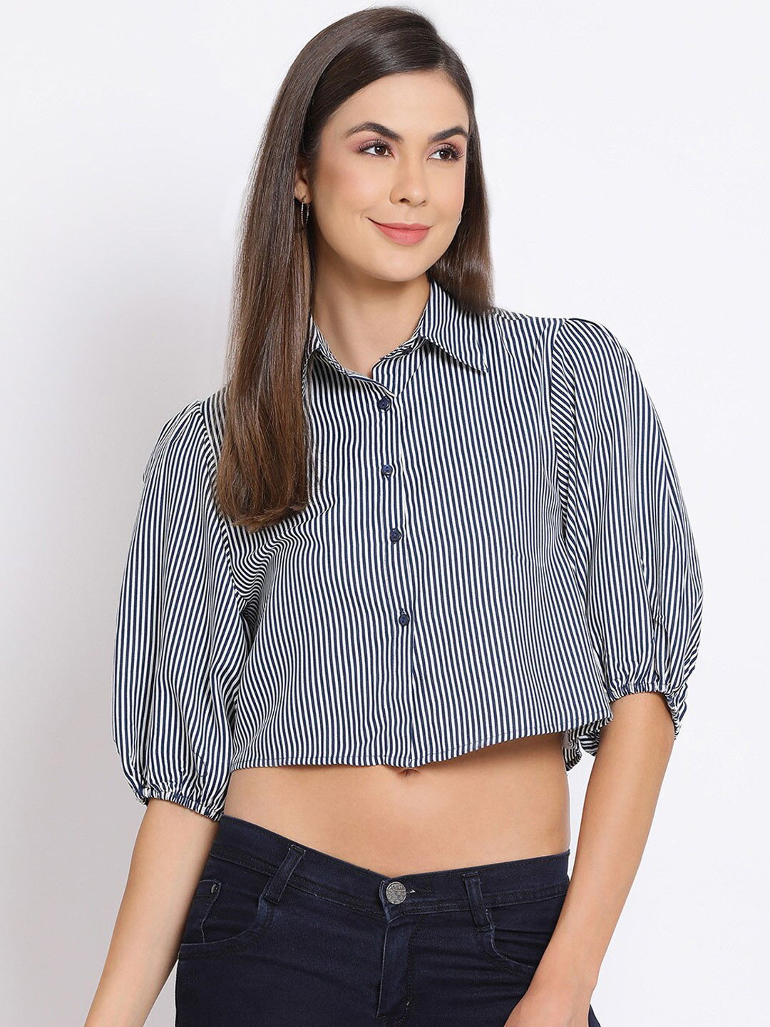 

Oxolloxo Women Navy Blue & White Regular Fit Striped Crop Casual Shirt