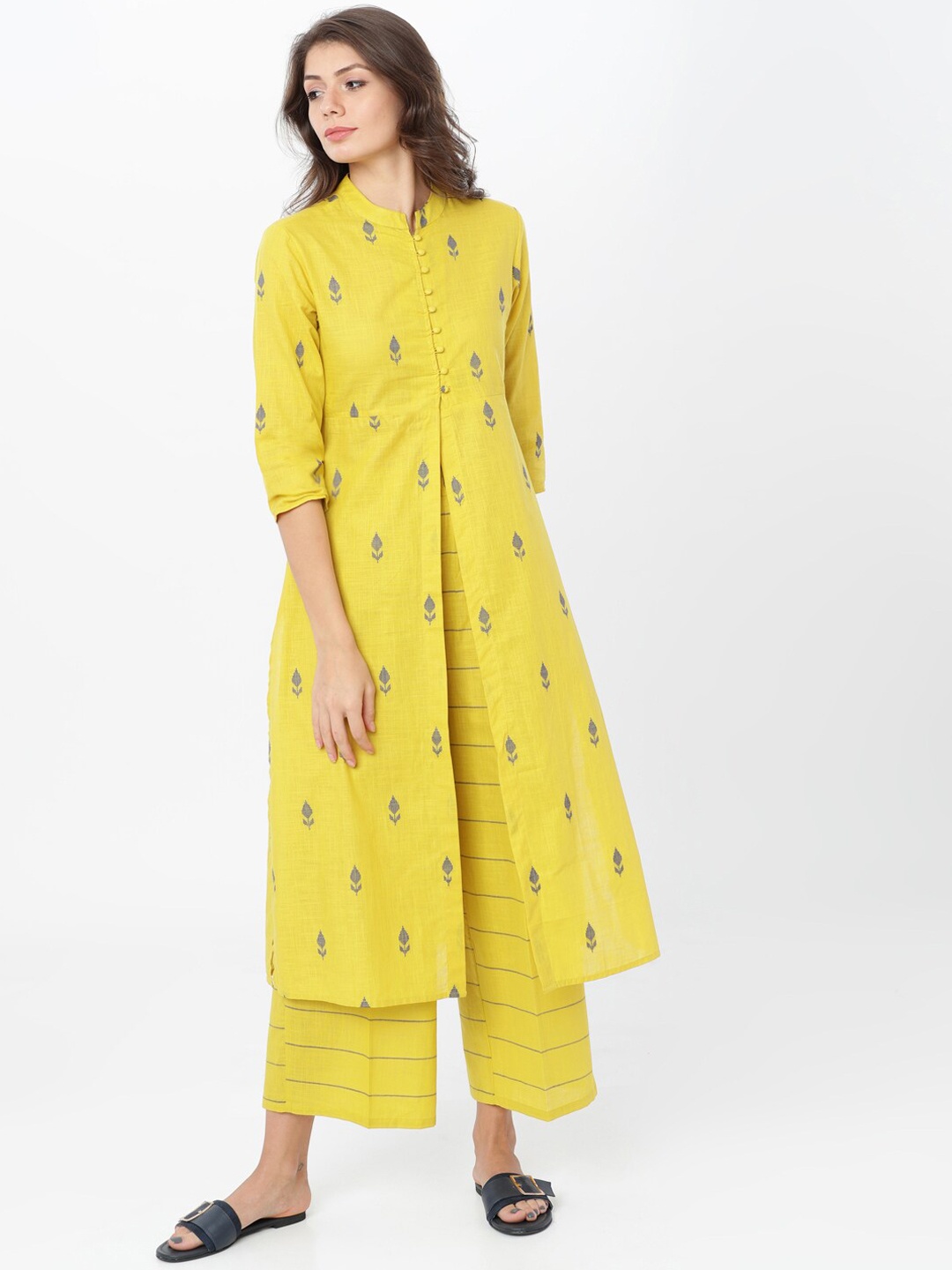 

Vishudh Women Mustard Woven Design Kurta with Palazzos