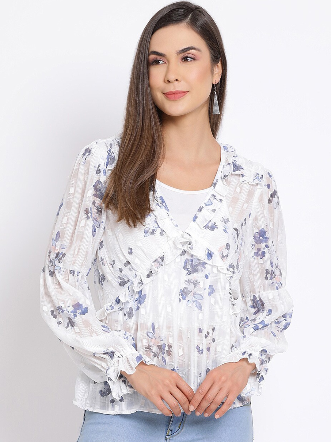 Oxolloxo Women White & Blue Floral Printed A-Line Top