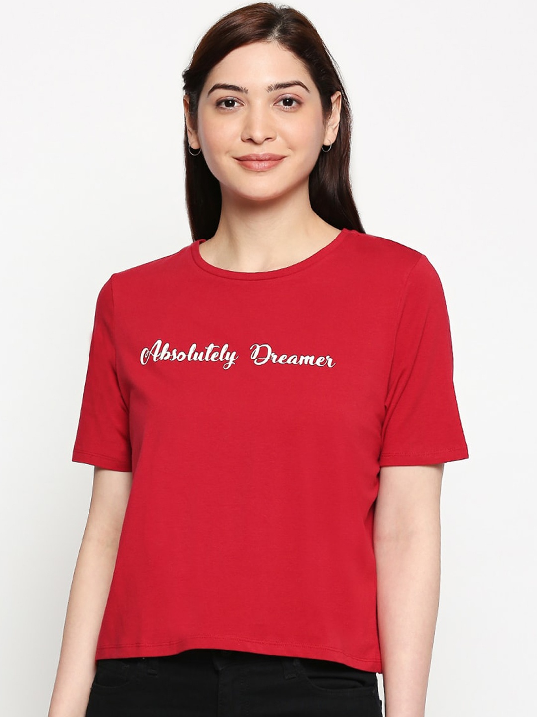 People Women Red Printed Round Neck Cotton Pure Cotton T-shirt