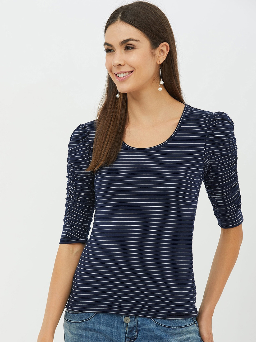 

Harpa Women Navy Blue Striped Round Neck T-shirt
