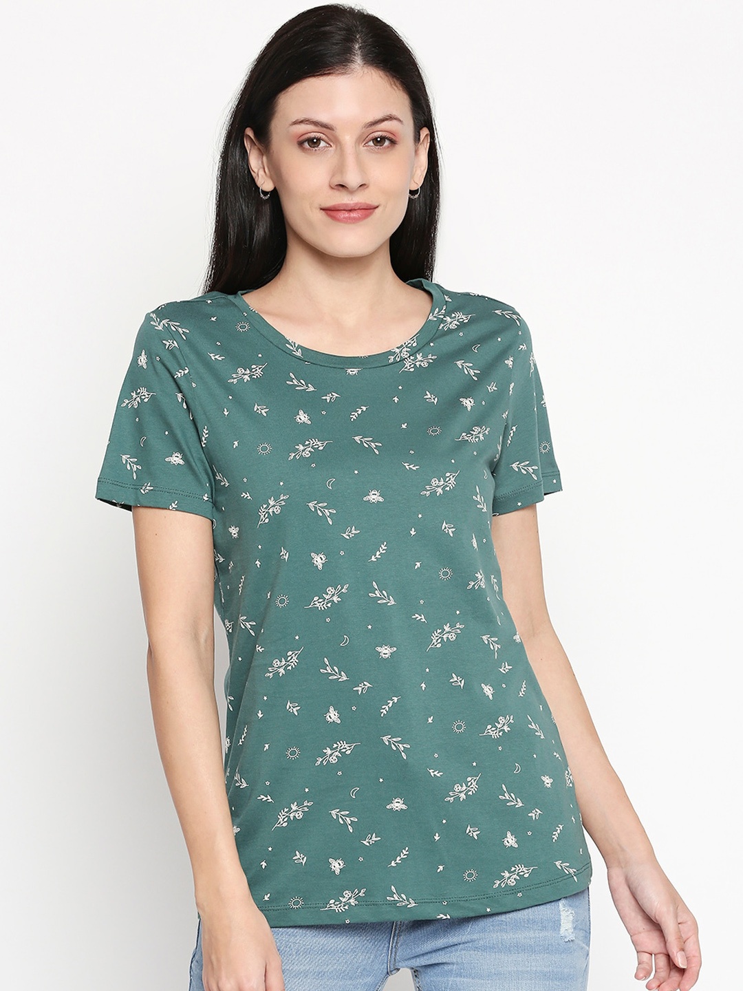 

Honey by Pantaloons Women Green Printed Round Neck Cotton Pure Cotton T-shirt