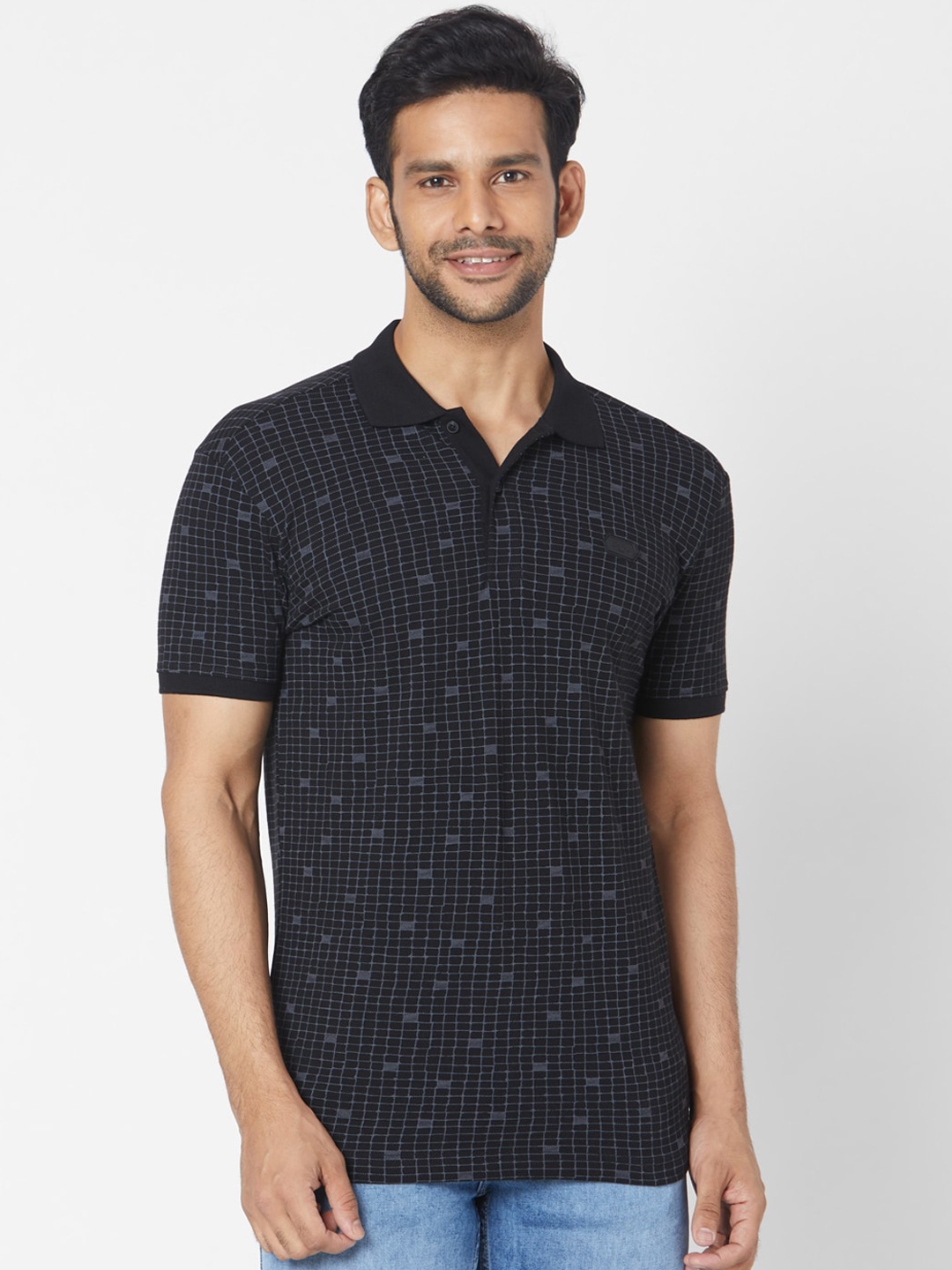

Mufti Men Black Checked Polo Collar T-shirt