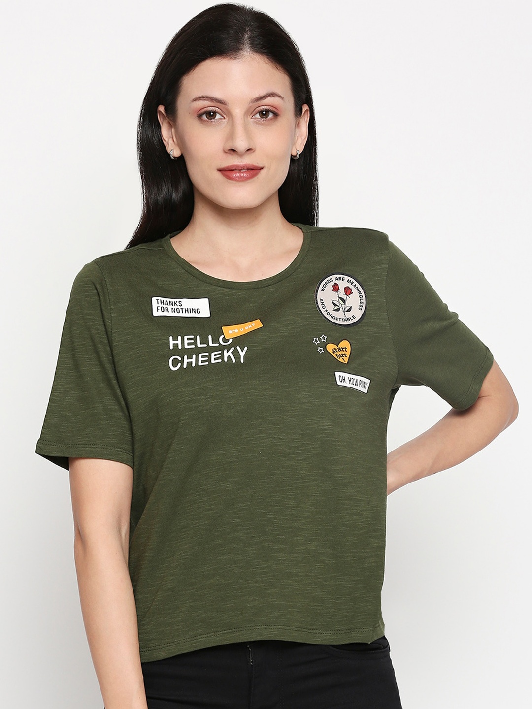 

People Women Green Printed Cotton Round Neck Pure Cotton T-shirt