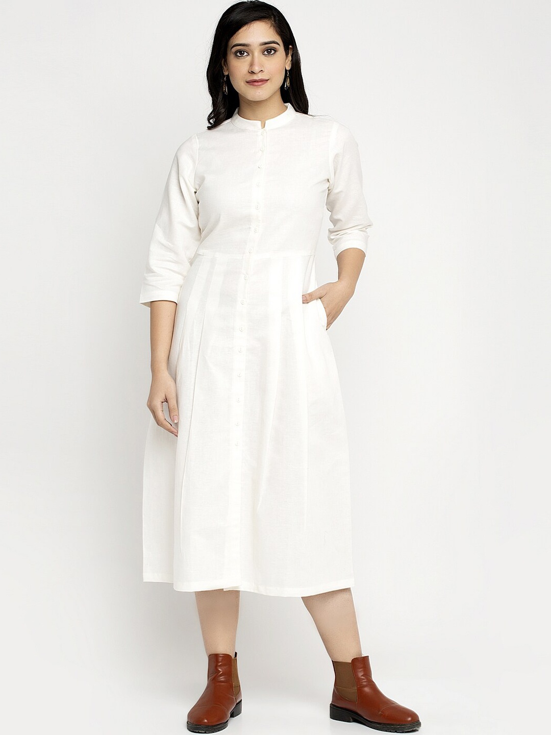 

Ayaany Women Cream-Coloured Solid Fit and Flare Dress
