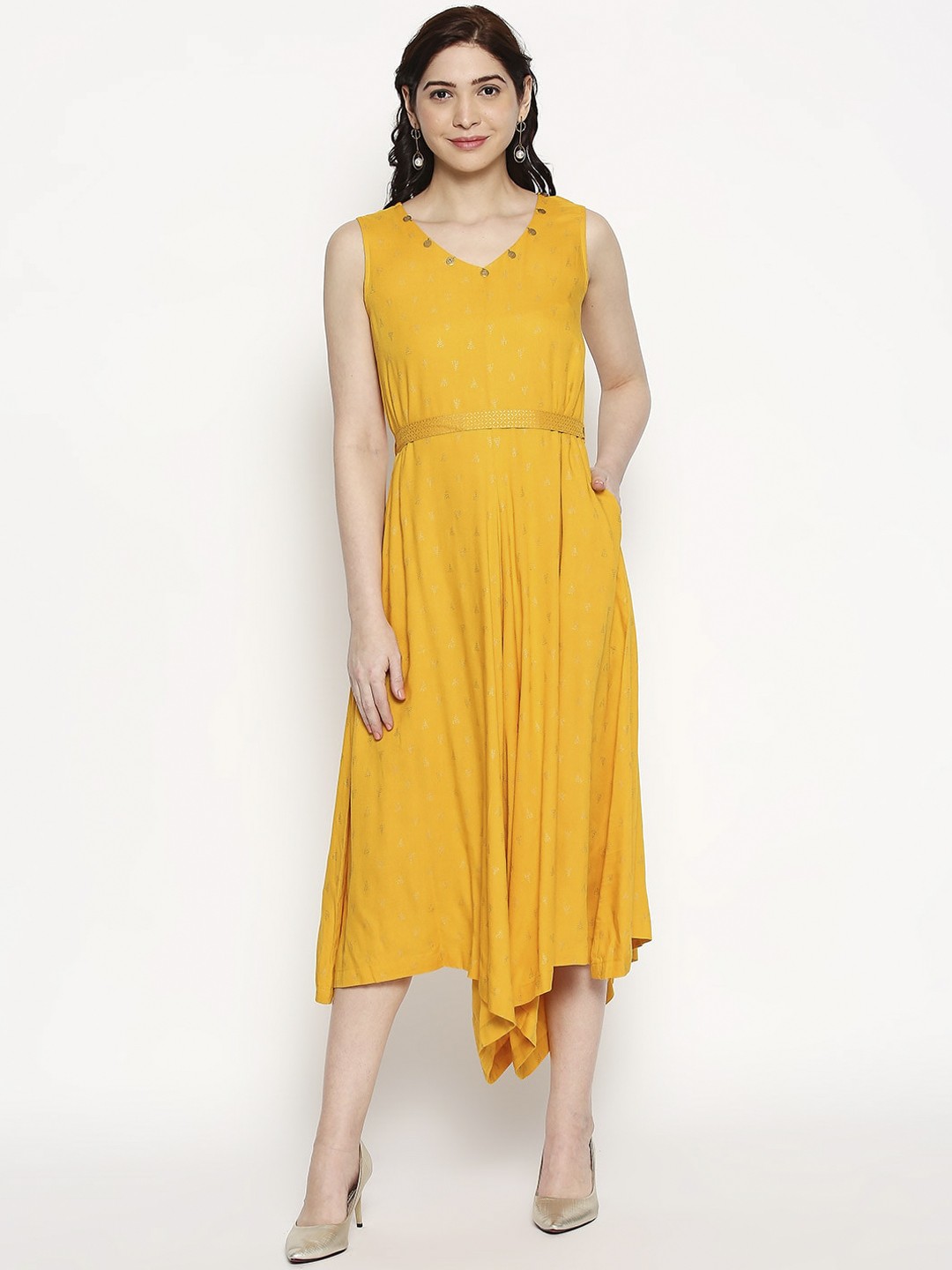 

AKKRITI BY PANTALOONS Women Mustard Self Design Fit and Flare Dress