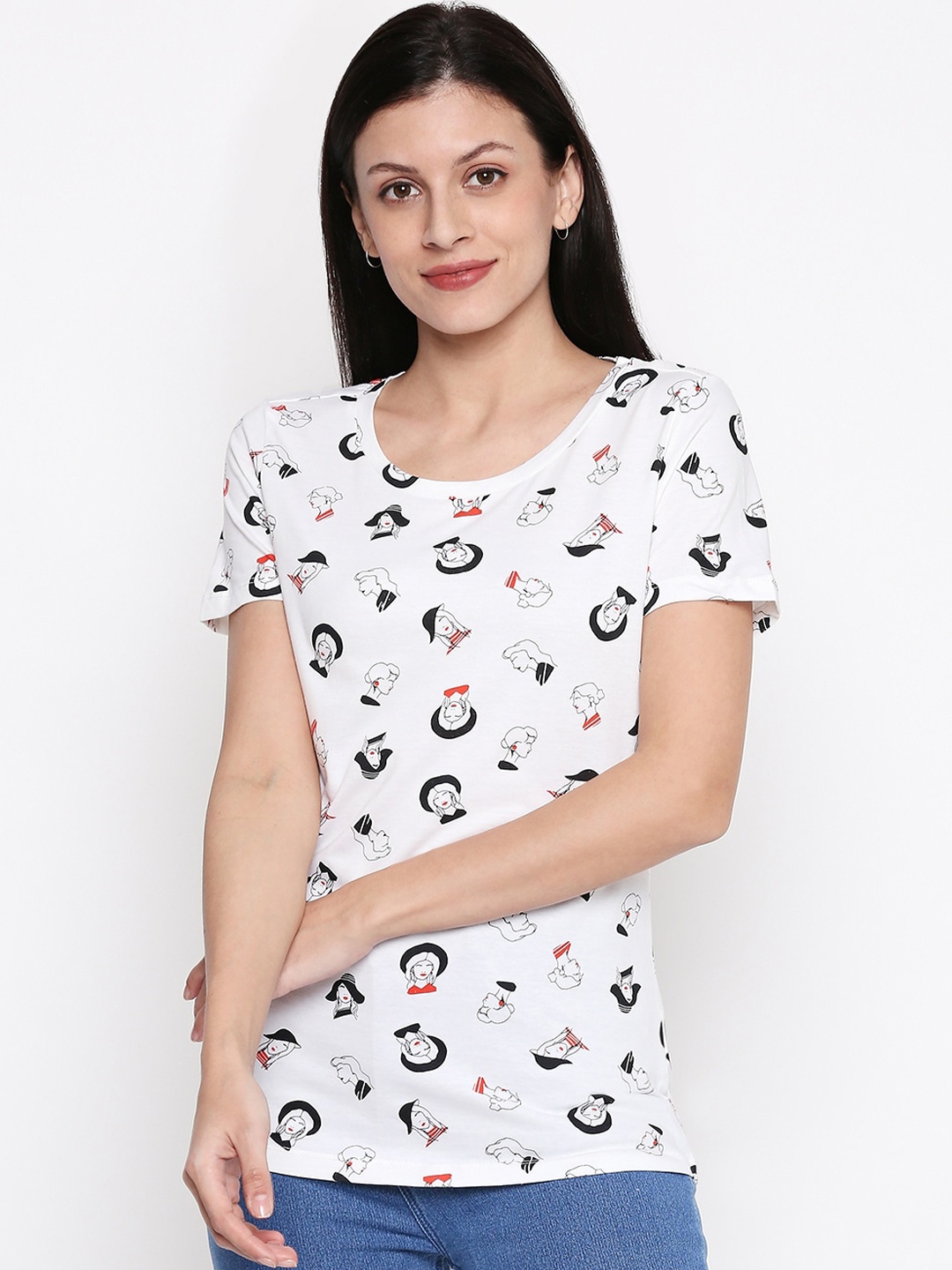 

Honey by Pantaloons Women White Printed Cotton Round Neck Pure Cotton T-shirt