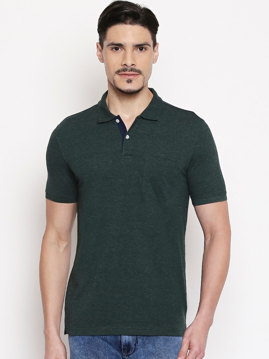 

BYFORD by Pantaloons Men Green Self Design Polo Collar T-shirt