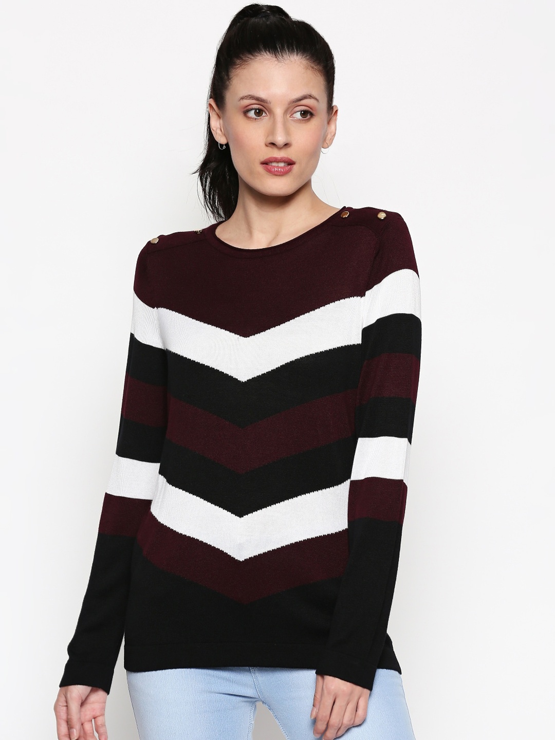 

Annabelle by Pantaloons Women Maroon & White Striped Pullover Sweater