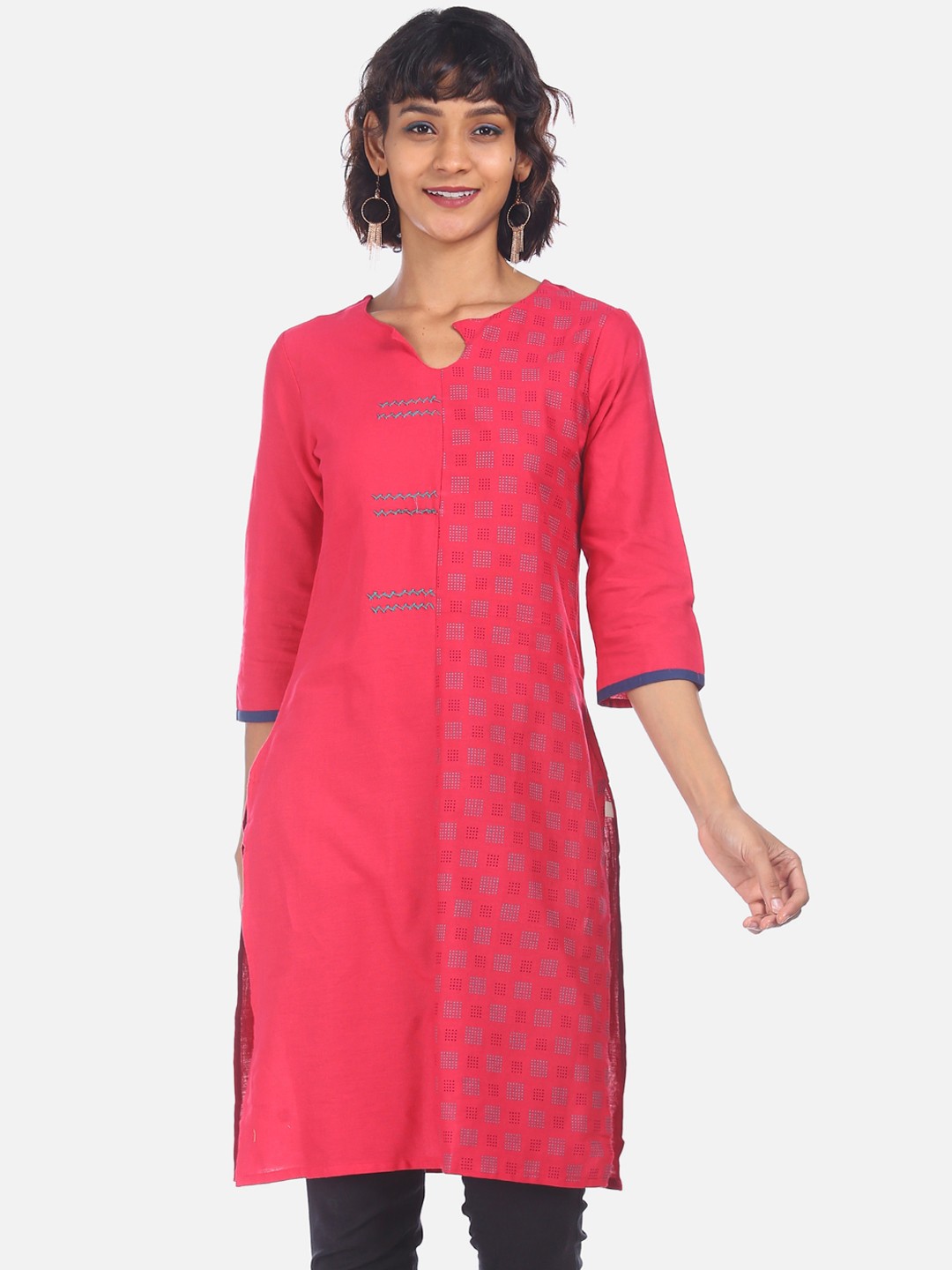 

Karigari Women Fuchsia Pink Woven Design A-Line Kurta