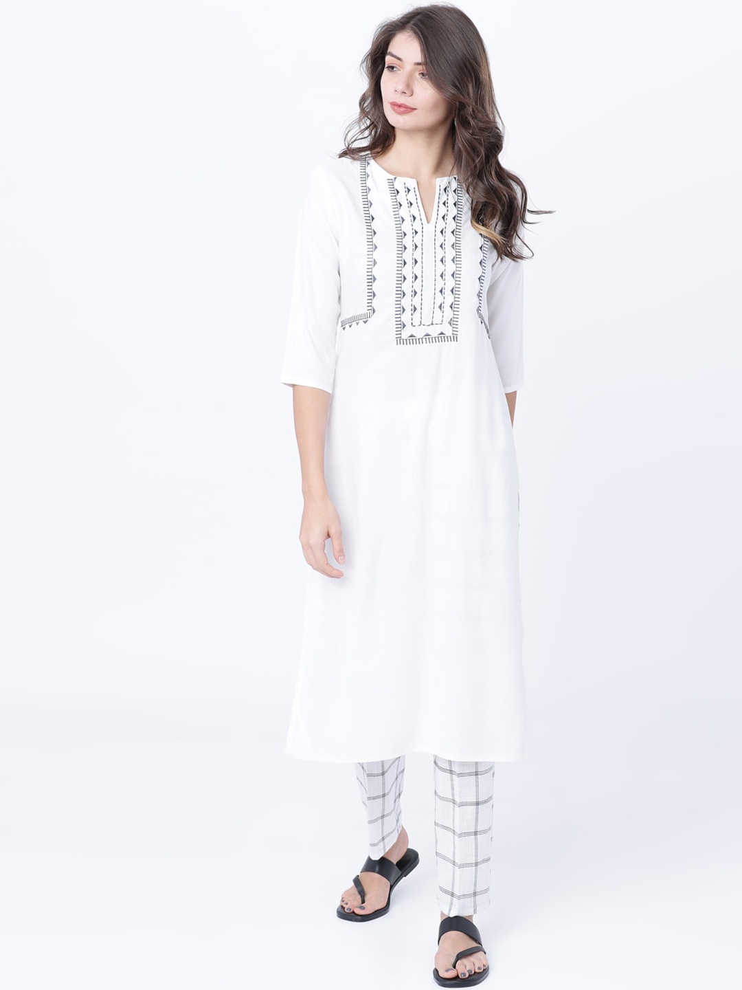 

Vishudh Women White & Black Yoke Design A-Line Kurta