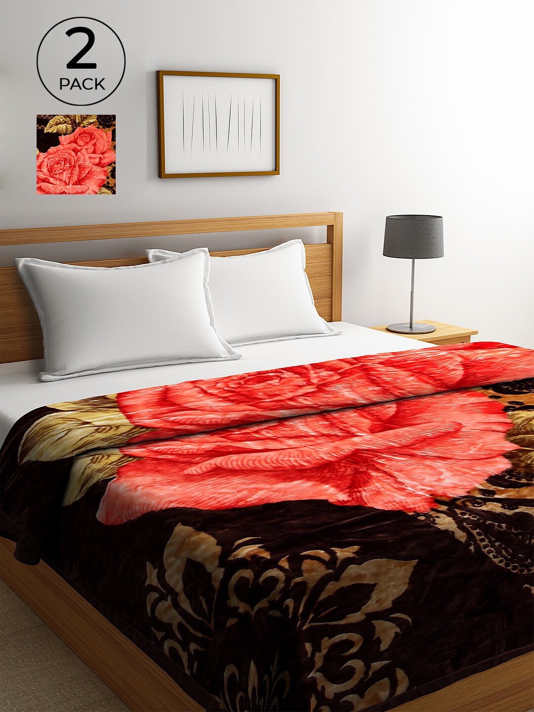 

KLOTTHE Set of 2 Brown & Pink Floral-Printed Heavy Winter 800 GSM Double Bed Blankets
