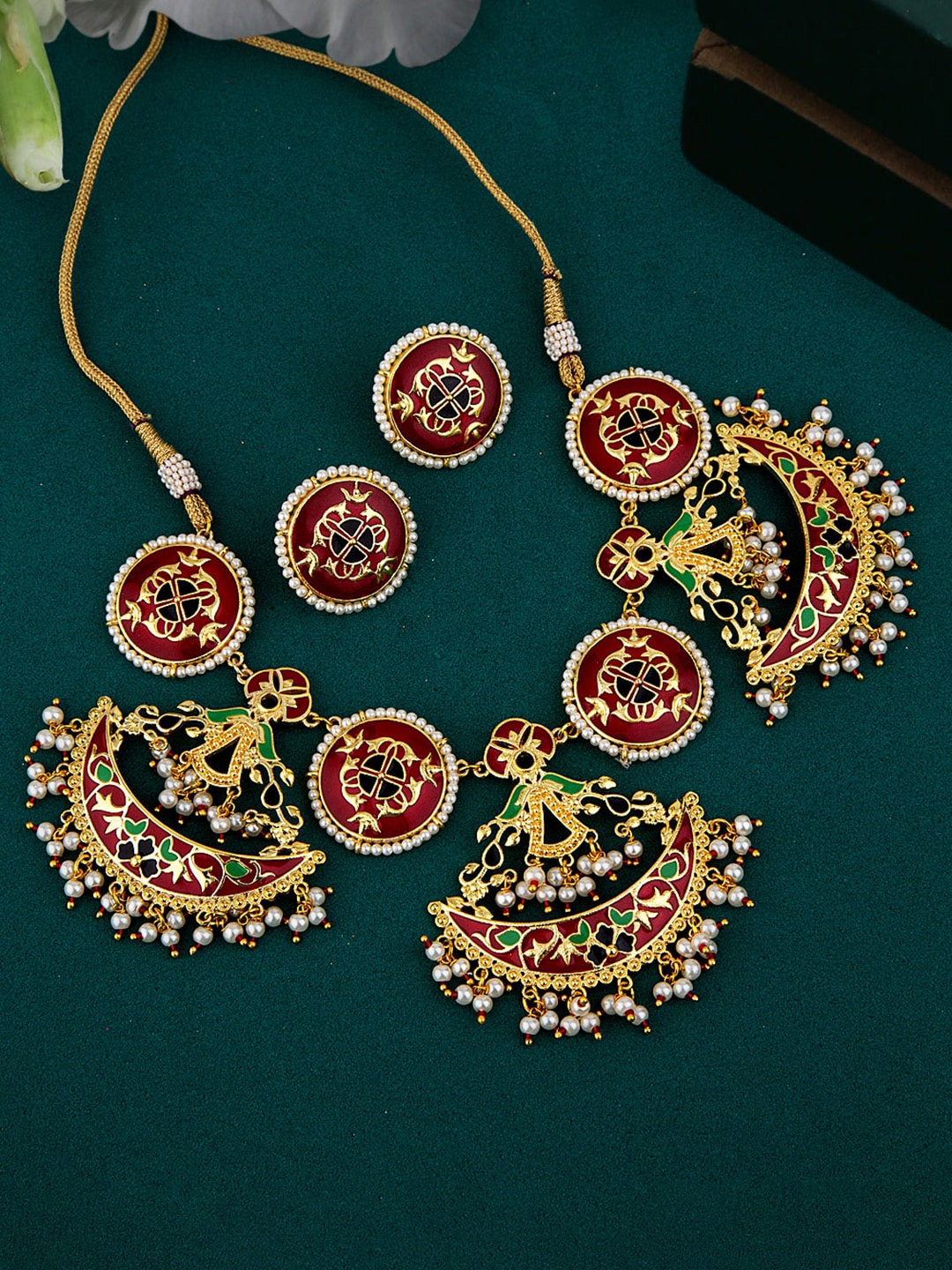 Voylla Gold-Plated Red & Green Enameled Beaded Tahira Enameled Necklace Set