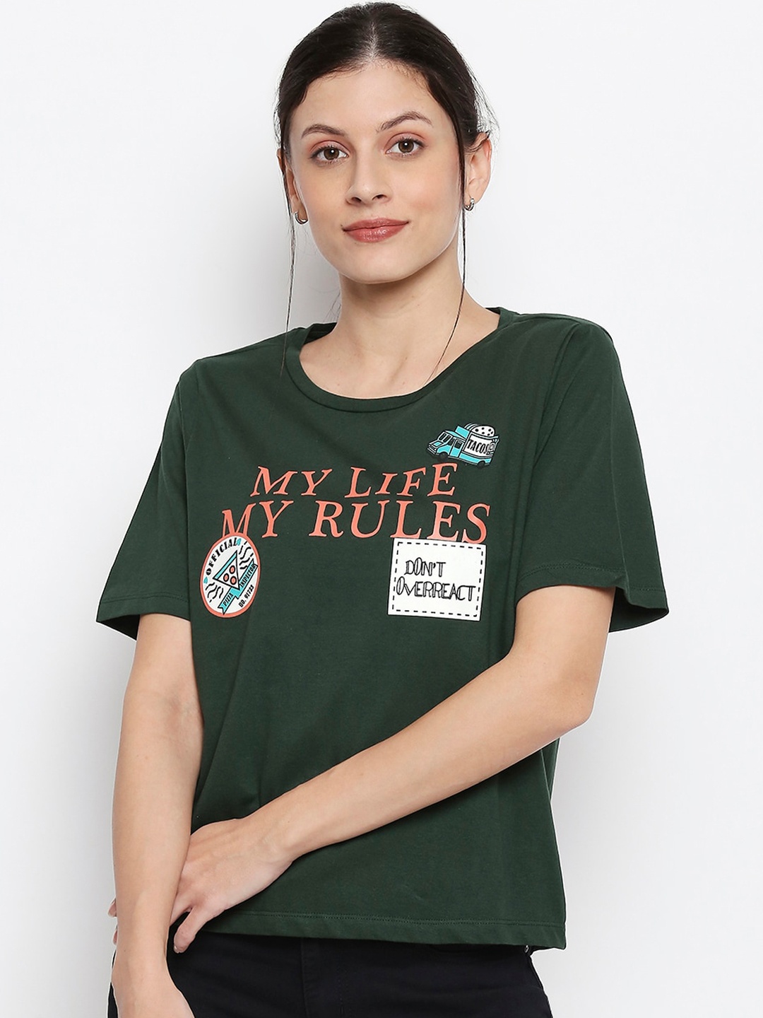 

People Women Green Printed Round Neck Cotton Pure Cotton T-shirt