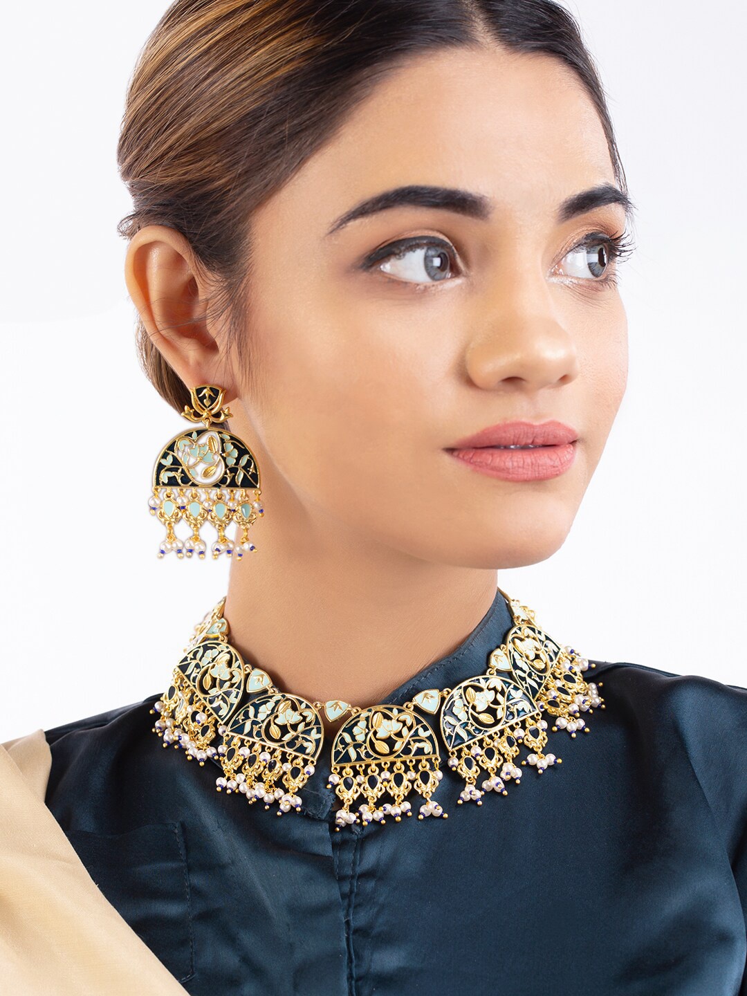 

Voylla Gold-Plated Blue & White Enameled Jewellery Set