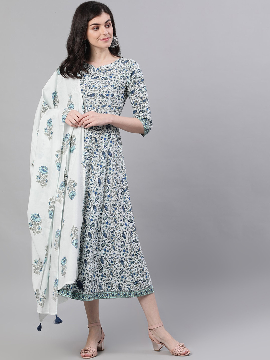 

Nayo Women White Printed A-Line Dress With Dupatta
