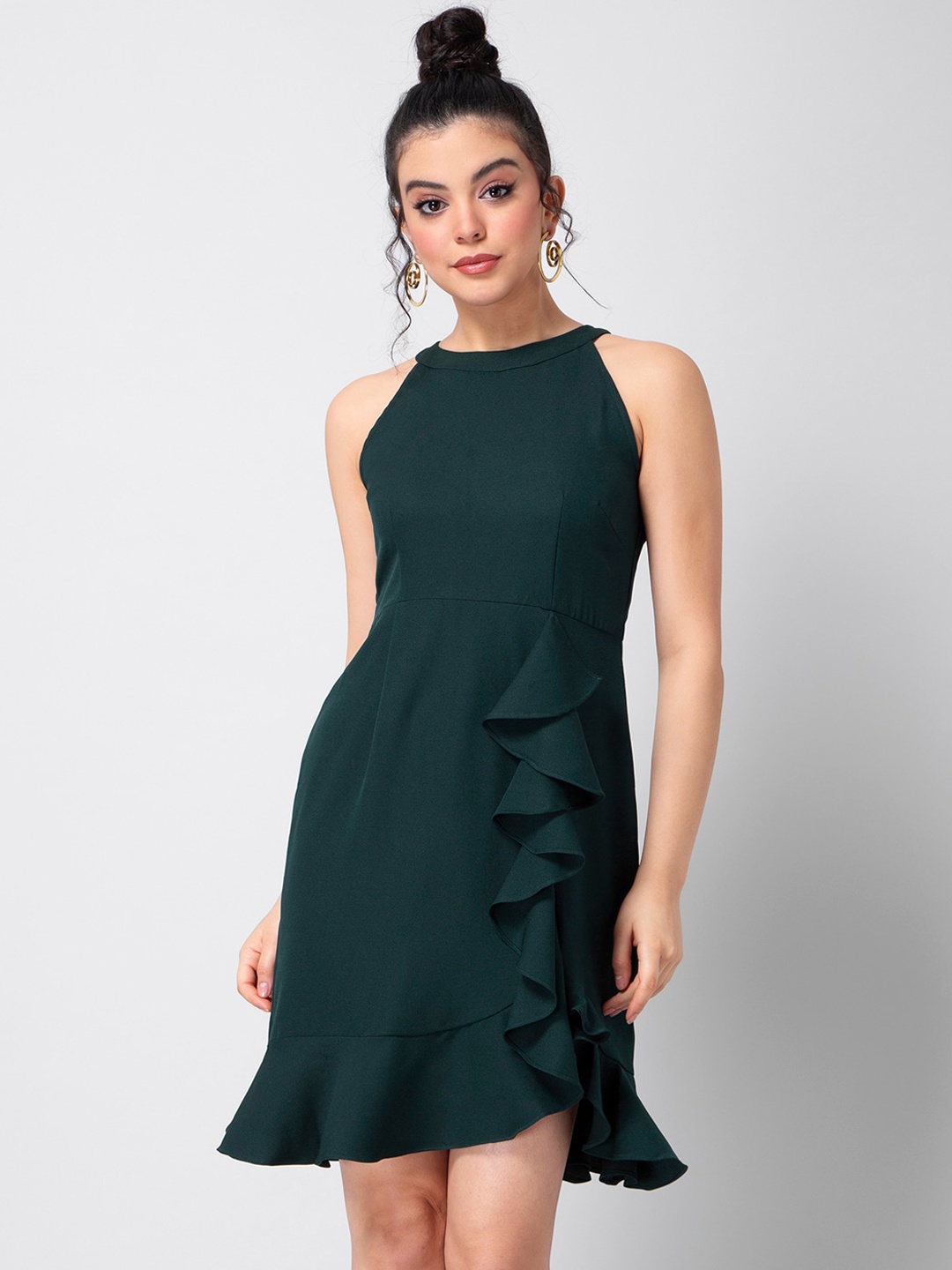 

FabAlley Women Green Solid Fit and Flare Dress