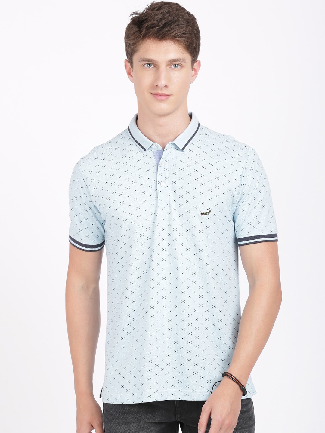 Crocodile Men Blue Printed Mandarin Collar T-shirt