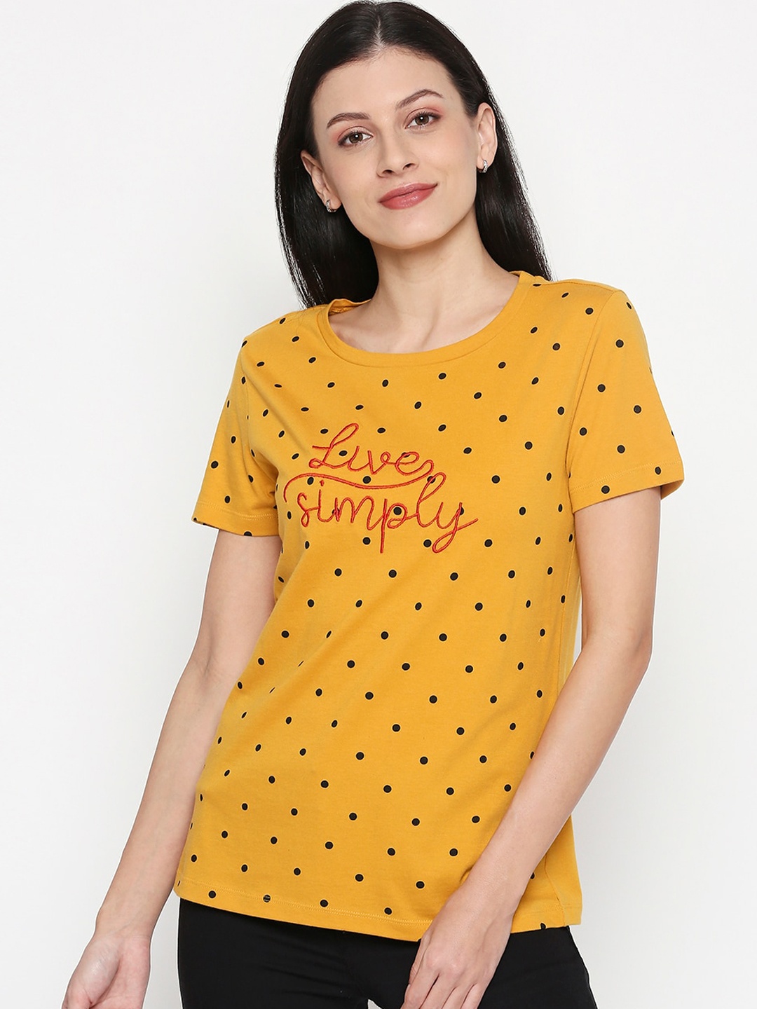 

Honey by Pantaloons Women Mustard Yellow Polka Dot Printed Round Neck Pure Cotton T-shirt