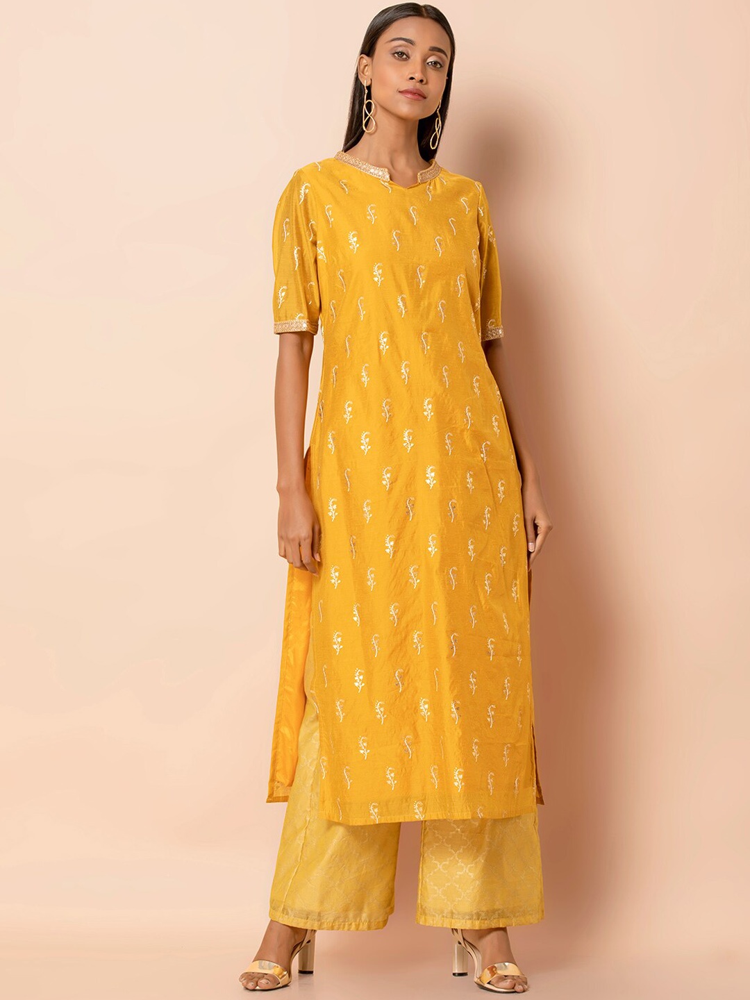 

INDYA Women Yellow Printed Straight Chanderi Kurta