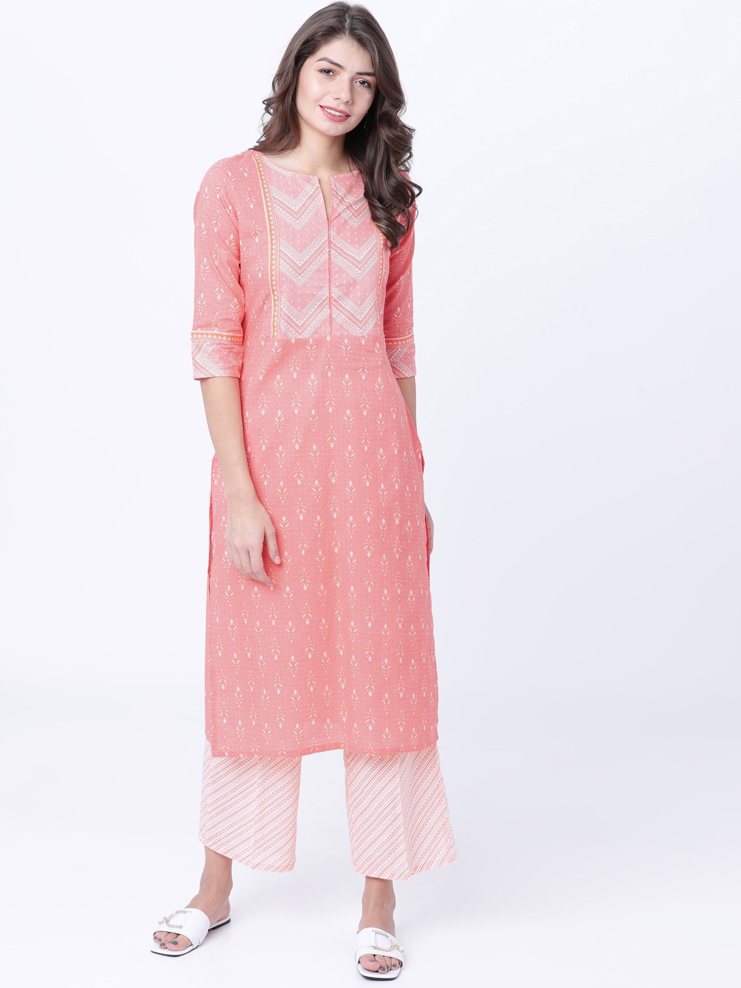 Vishudh Women Coral & Off-White Striped Straight Kurta