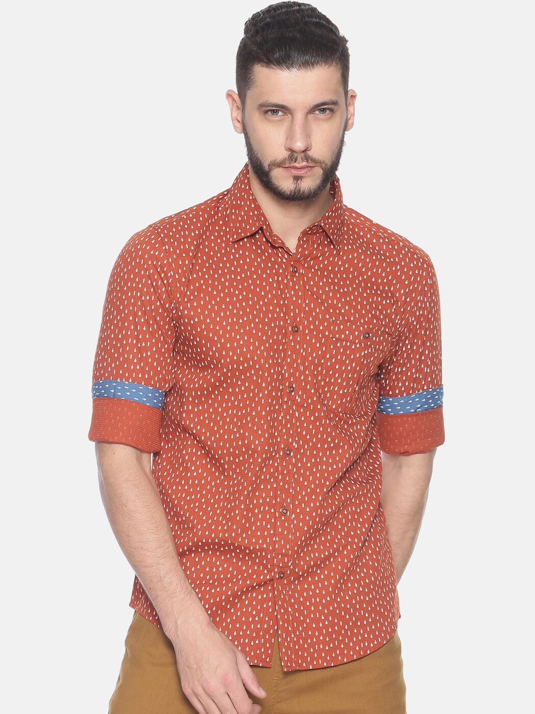 

IVOC Men Rust Orange & White Slim Fit Printed Casual Shirt