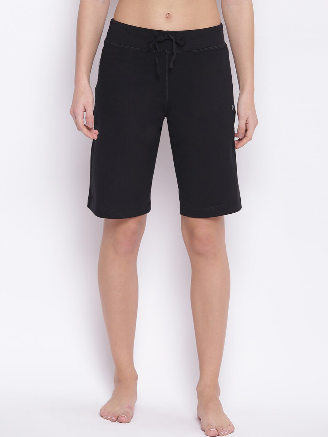 

Enamor E044 Mid-Rise Stretch Cotton City Shorts for Women with Zipper Pockets, Black