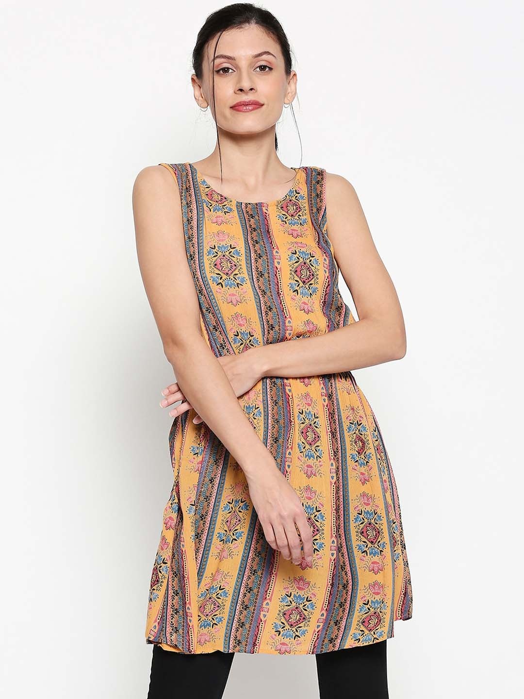 

People Women Mustard Yellow & Blue Printed A-Line Tunic
