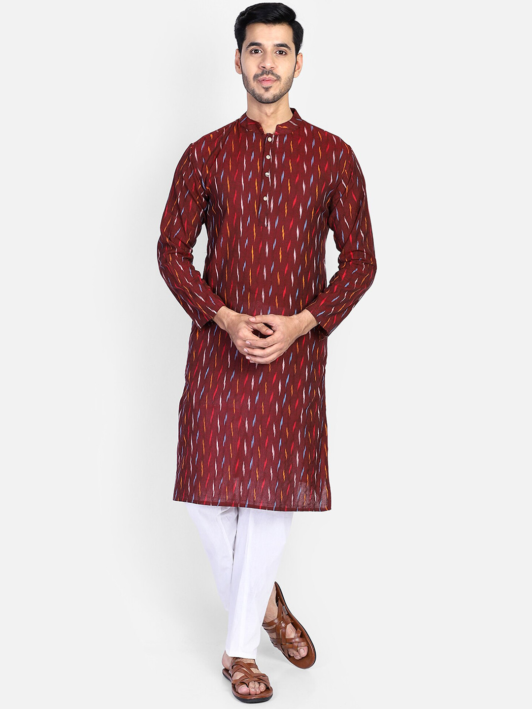 

PAROKSH Men Maroon & Blue Ikat Woven Design Straight Kurta