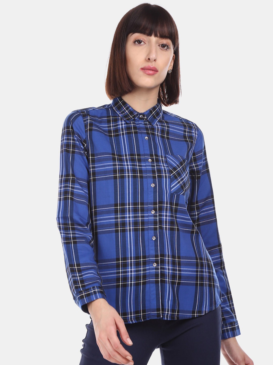 

Cherokee Women Blue & Black Regular Fit Checked Casual Shirt