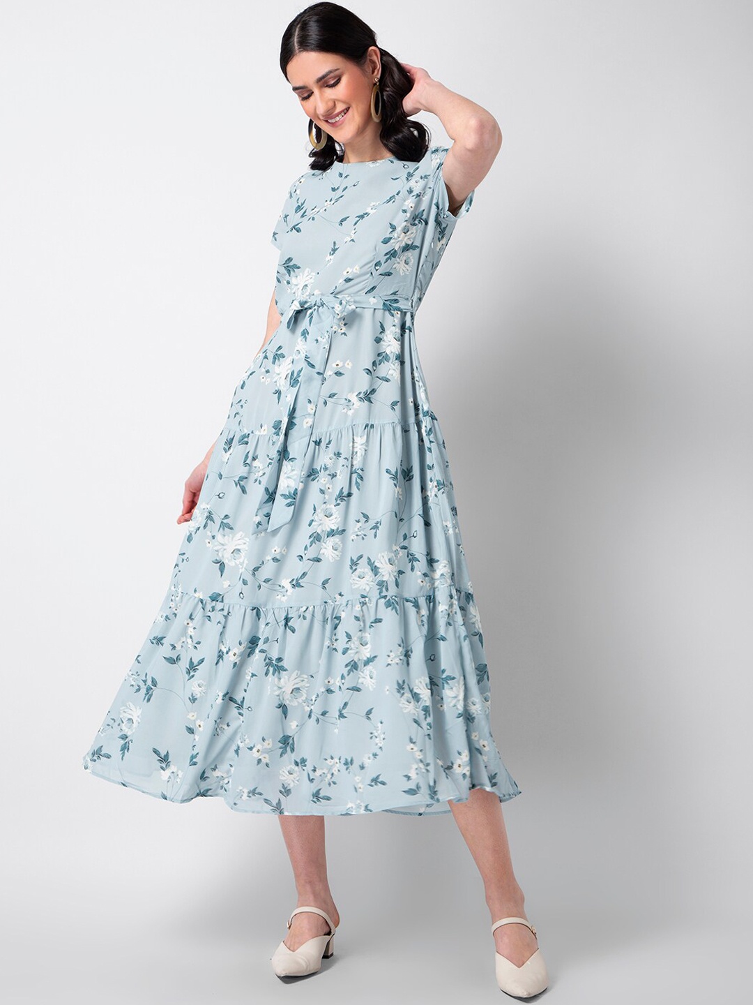 

FabAlley Women Blue Floral Printed Fit and Flare Dress