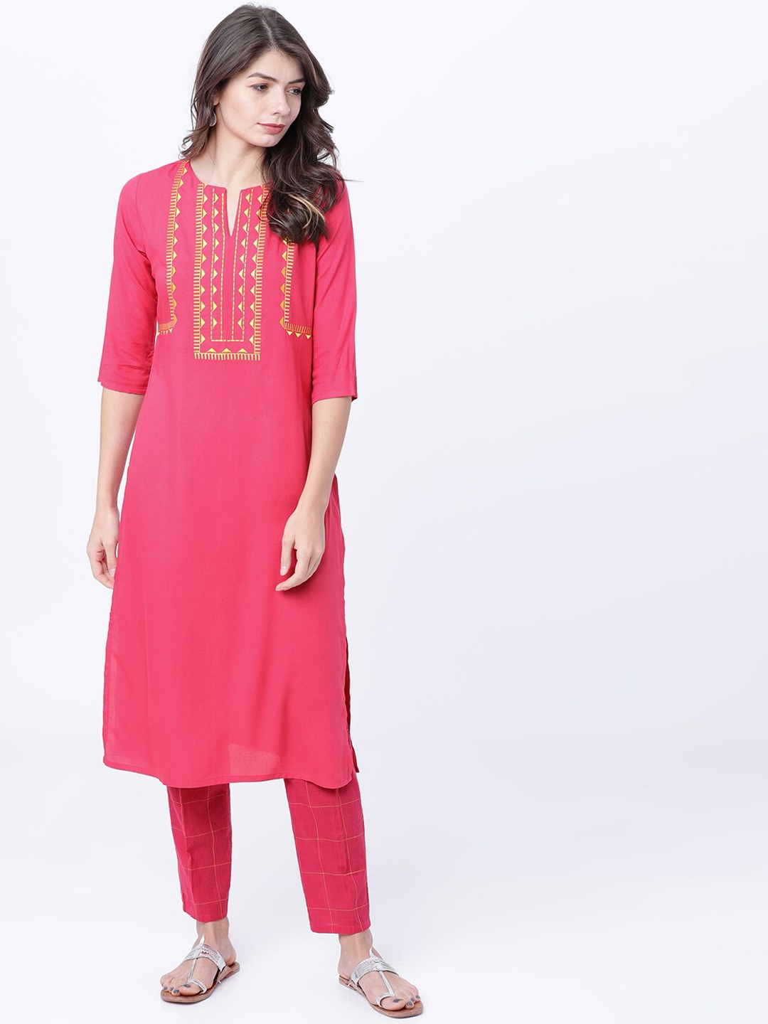 

Vishudh Women Pink & Mustard Yellow Yoke Design A-Line Kurta