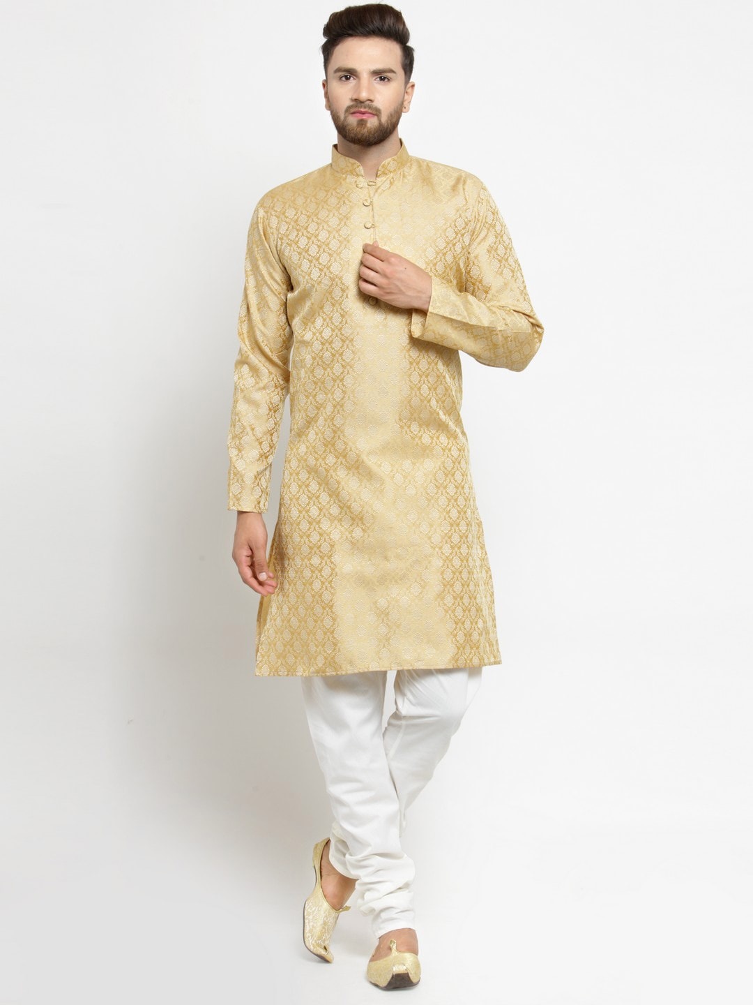 Jompers Men Gold-Toned & Off-White Woven Design Kurta with Churidar